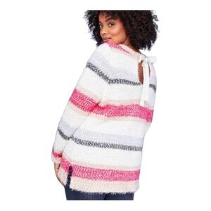 Lane Bryant Stripe Fuzzy Knit Sweater MultiColor Cutout Back Necktie Plus 26/28